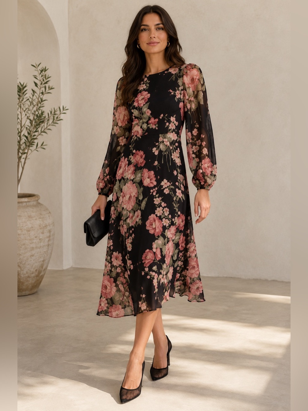 • Reformation • Women’s luanne puff sleeve dress  Floral Pink and Black 2